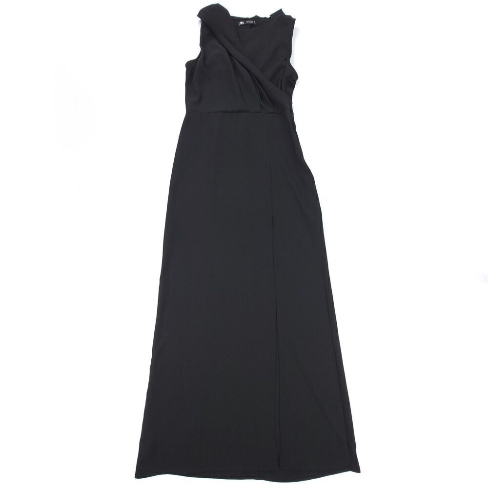 Zara Contemporary Quiet Luxury Draped Hooded Maxi Dress Minimal Black Medium